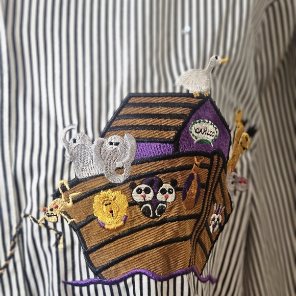Quacker Factory Noah's Ark Stripped Embroidered Blouse For Women. Size Medium - Picture 5 of 13